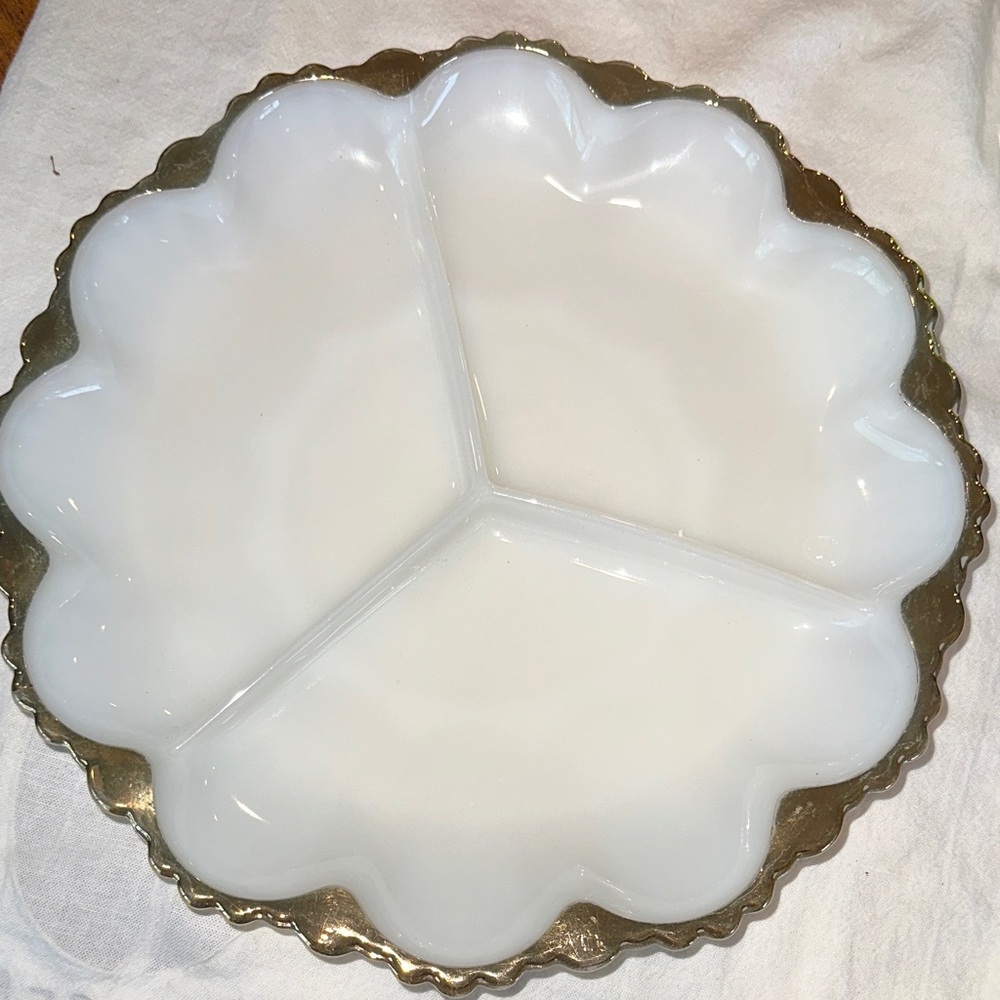 Vintage Anchor Hocking, milk glass & Gold Scalloped Serving Platter